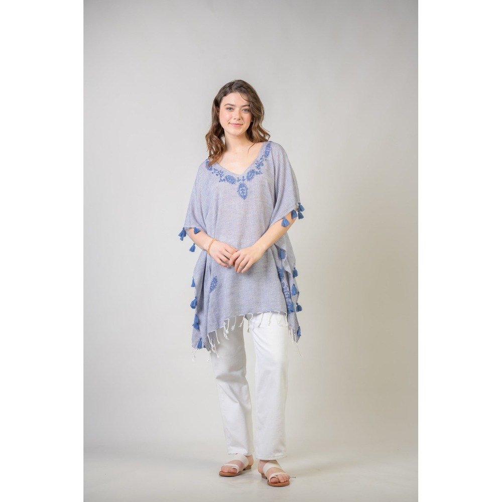 Rhea Cotton Coverup Tunic Embroidered Boho Tassels One Size